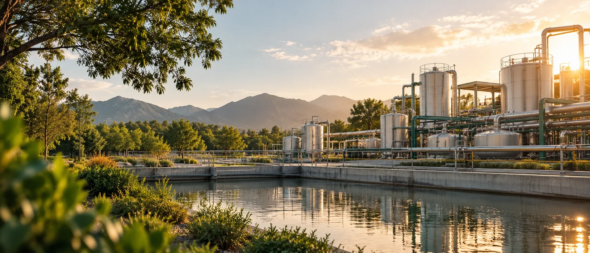 Planta industrial integrada con vegetación y montañas